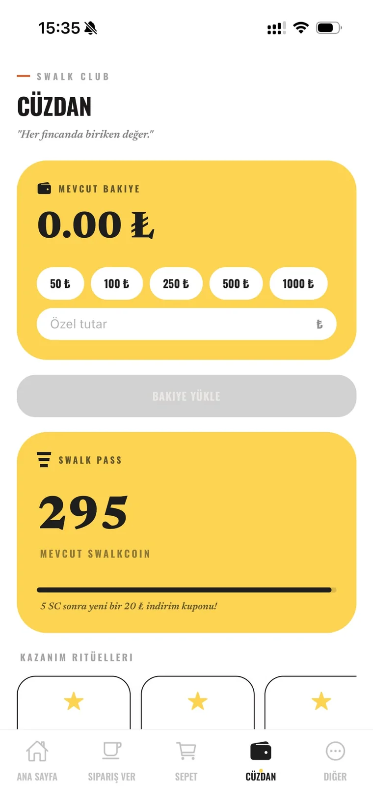 Swalk Club app wallet screen showing balance, SwalkCoin and coupons