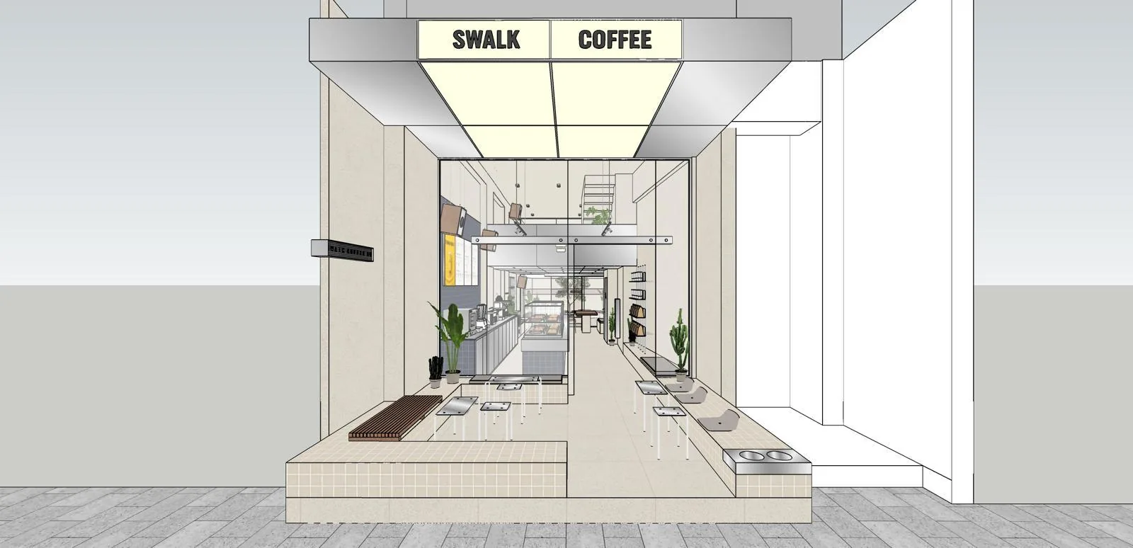 Swalk Coffee dış cephe ve iç plan çizimi